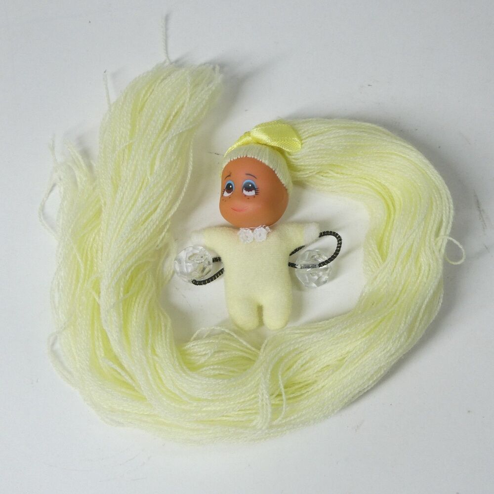 Miniature Doll Hair Tie w/ Long Yellow Yarn Hair Vintage 1980s Hong Kong